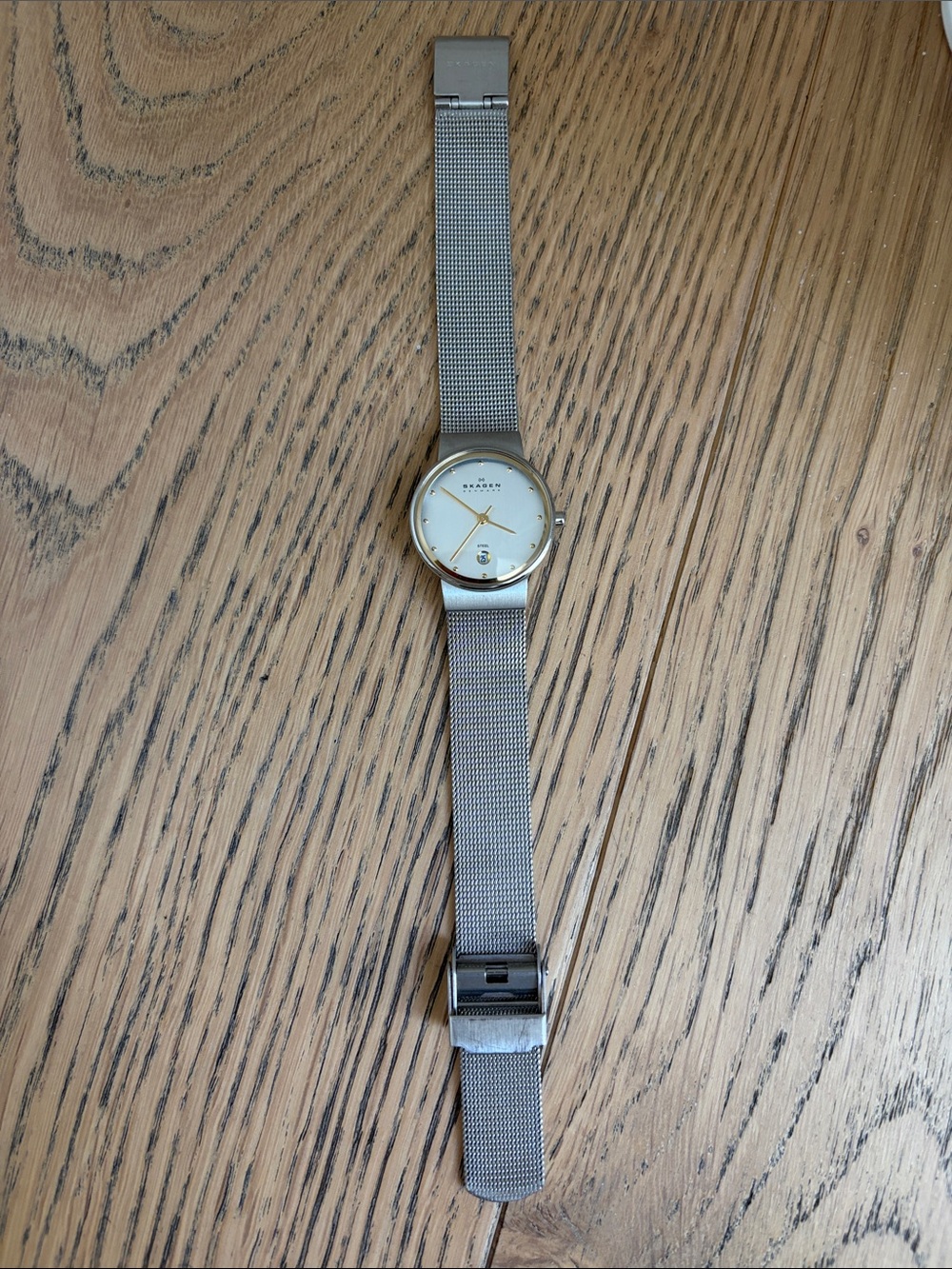 Skagen Two-Tone Mesh Watch with White Dial and Gold Accents